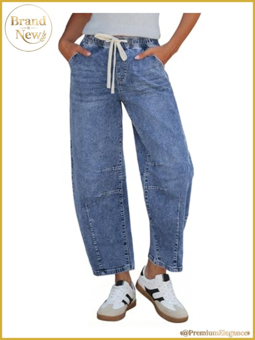 High Rise Barrel Crop Jeans Pull On Elastic Waist Women Denim Pants